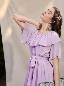 Mulvari Ruched Bust Ruffle Belted Dress - Lilac Purple - View 3