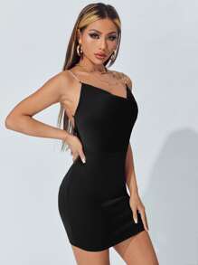 SHEIN PETITE Draped Collar Rhinestone Strap Backless Cami Dress - Black - View 3