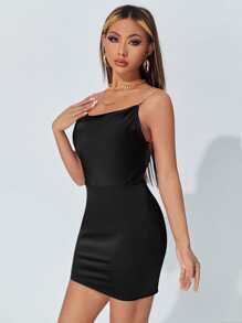 SHEIN PETITE Draped Collar Rhinestone Strap Backless Cami Dress - Black - View 5