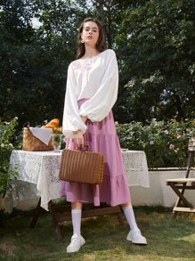 Mulvari floral con parche de manga farol Top & bajo con fruncido Set falda - Multicolor - Ver 1