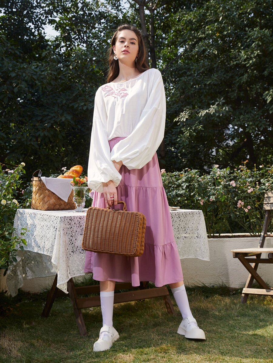 Mulvari floral con parche de manga farol Top & bajo con fruncido Set falda - Multicolor - Ver 1