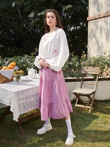 Mulvari floral con parche de manga farol Top & bajo con fruncido Set falda - Multicolor - Ver 5