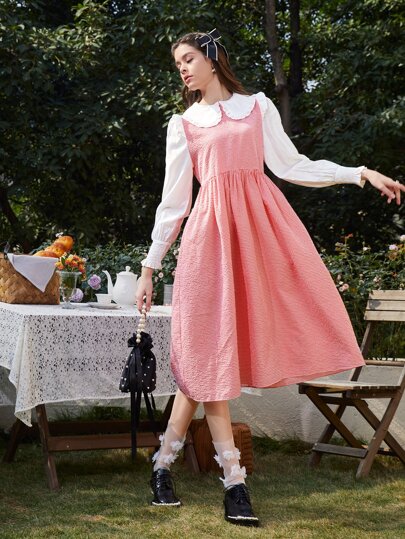 SHEIN ピーターパンカラー ギンガムプリント レタストリム フリル裾 ドレス