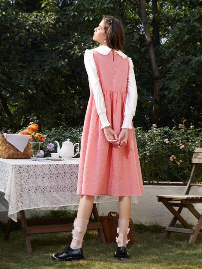 SHEIN ピーターパンカラー ギンガムプリント レタストリム フリル裾 ドレス