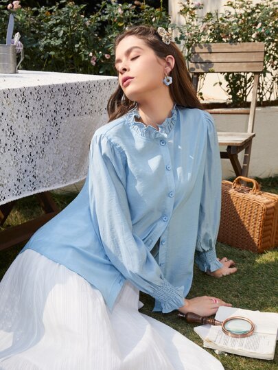 SHEIN ソリッド ボタンフロント フリルトリム シール ブラウス