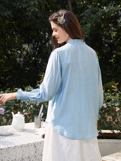 SHEIN ソリッド ボタンフロント フリルトリム シール ブラウス