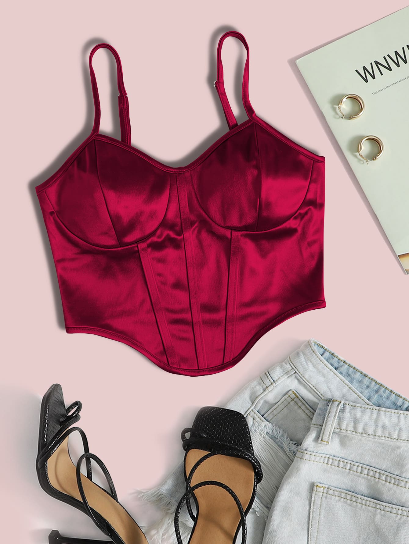SHEIN Unity Camis Asimetris Plain Seksi - Burgundy - View 1
