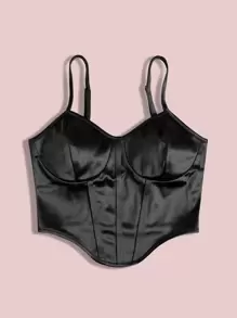 Chiquease 弧形下擺緞面吊帶上衣 - 黑色 - 查看 3