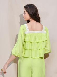 Mulvari Lantern Sleeve Contrast Lace Detail Layered Top - Lime Green - View 2