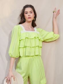 Mulvari Lantern Sleeve Contrast Lace Detail Layered Top - Lime Green - View 4
