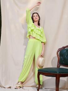Mulvari Lantern Sleeve Contrast Lace Detail Layered Top - Lime Green - View 5
