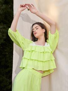 Mulvari Lantern Sleeve Contrast Lace Detail Layered Top - Lime Green - View 6