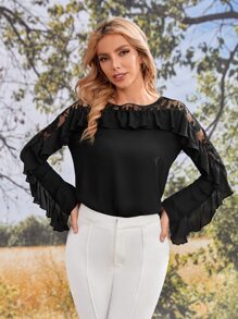 SHEIN Áo sơ mi nữ Tương phản Mesh Xù màu trơn Thanh lịch - màu đen - Xem 1