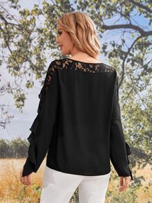 SHEIN Áo sơ mi nữ Tương phản Mesh Xù màu trơn Thanh lịch - màu đen - Xem 2