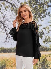 SHEIN Áo sơ mi nữ Tương phản Mesh Xù màu trơn Thanh lịch - màu đen - Xem 3
