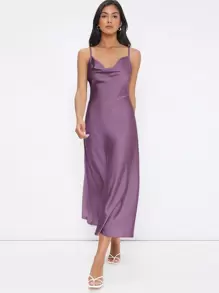 BizChic Women's Elegant Satin Slip Dress With Draped Neckline, Long Length, Suitable For Weddings, Business Casual, Concerts, And Wedding Guest Attire