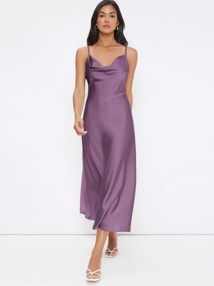BizChic Vestido elegante de satén con escote de drapeado, largo, adecuado para bodas, negocios casuales, conciertos y atuendo de invitado de boda - Morado - Añade 1