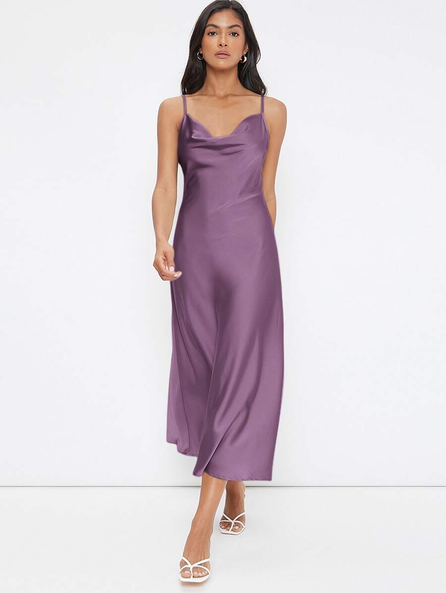 BizChic Women's Elegant Satin Slip Dress With Draped Neckline, Long Length, Suitable For Weddings, Business Casual, Concerts, And Wedding Guest Attire