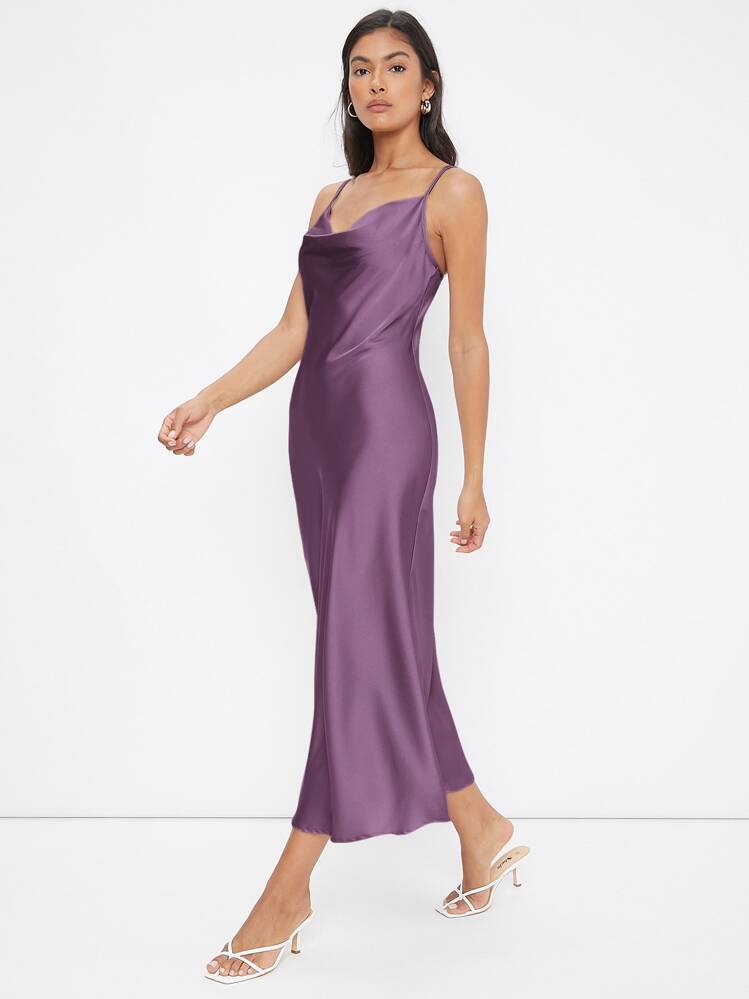 BizChic Vestido elegante de satén con escote de drapeado, largo, adecuado para bodas, negocios casuales, conciertos y atuendo de invitado de boda - Morado - Añade 4