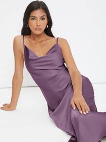 BizChic Women's Elegant Satin Slip Dress With Draped Neckline, Long Length, Suitable For Weddings, Business Casual, Concerts, And Wedding Guest Attire