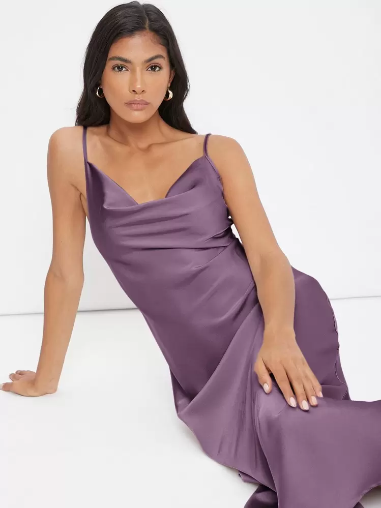 BizChic Vestido elegante de satén con escote de drapeado, largo, adecuado para bodas, negocios casuales, conciertos y atuendo de invitado de boda - Morado - Añade 6