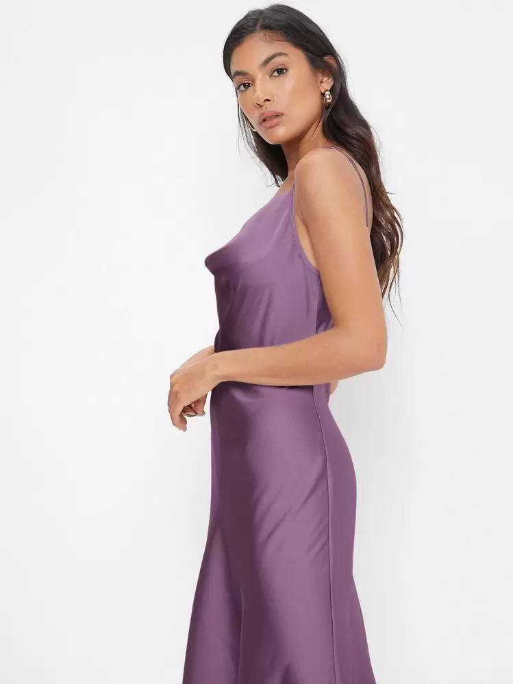 BizChic Vestido elegante de satén con escote de drapeado, largo, adecuado para bodas, negocios casuales, conciertos y atuendo de invitado de boda - Morado - Añade 3