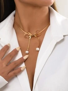 蝴蝶結裝飾項鍊 - 金黃色 - 查看 1