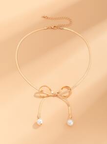 蝴蝶結裝飾項鍊 - 金黃色 - 查看 2