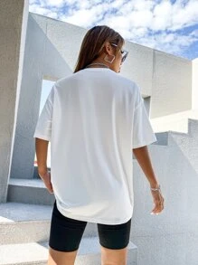 SHEIN Unity Letter & Car Print Drop Shoulder Oversized Tee - White - View 2