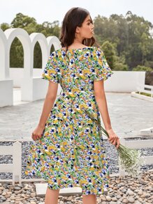 印花腰帶A字連衣裙 - 彩色 - 查看 2