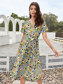 印花腰帶A字連衣裙 - 彩色 - 查看 3