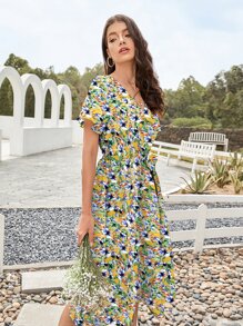 印花腰帶A字連衣裙 - 彩色 - 查看 6