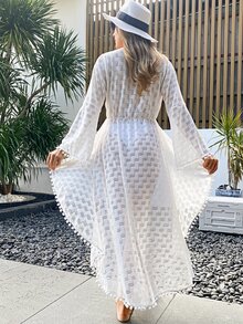 Pom-pom Decor Tie Front Kimono - White - View 2