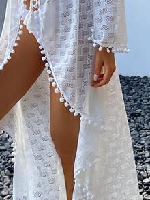 Pom-pom Decor Tie Front Kimono - White - View 5