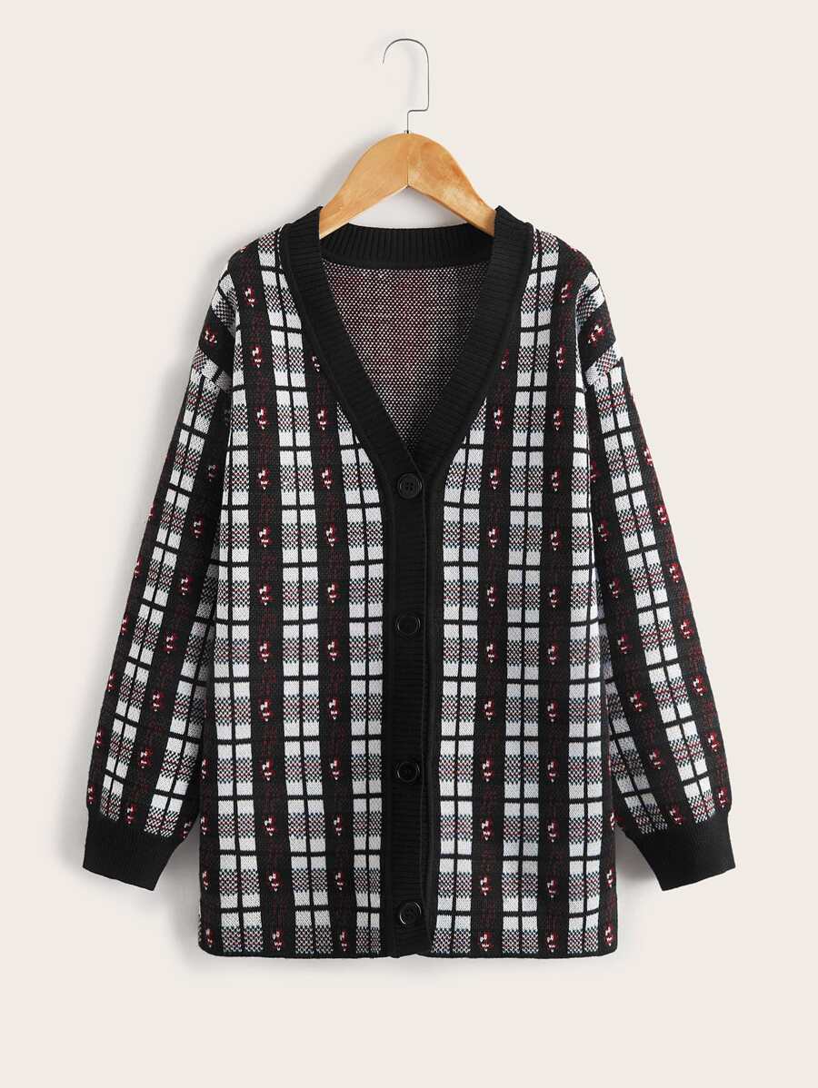 SHEIN Girls Single Breasted Plaid Pattern Cardigan - Multicolor - View 1