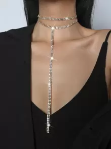 Rhinestone Decor Layered Y Lariat Necklace - Yellow Gold - View 1