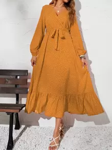 SHEIN LUNE 波卡圓點燈籠袖A字連衣裙 - 芥末黃 - 查看 1