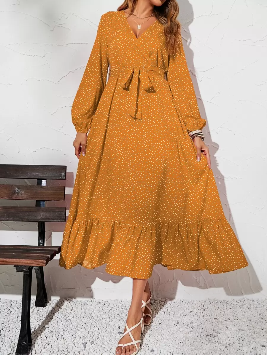 SHEIN LUNE 波卡圓點燈籠袖A字連衣裙 - 芥末黃 - 查看 1