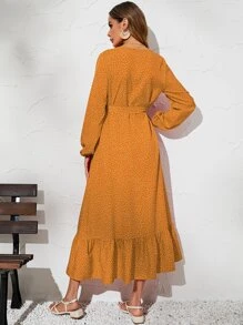 SHEIN LUNE 波卡圓點燈籠袖A字連衣裙 - 芥末黃 - 查看 2