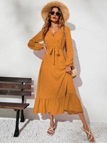 SHEIN LUNE 波卡圓點燈籠袖A字連衣裙 - 芥末黃 - 查看 3
