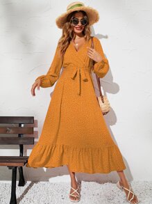 SHEIN LUNE 波卡圓點燈籠袖A字連衣裙 - 芥末黃 - 查看 4