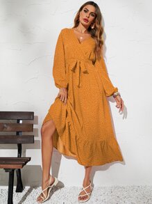 SHEIN LUNE 波卡圓點燈籠袖A字連衣裙 - 芥末黃 - 查看 5