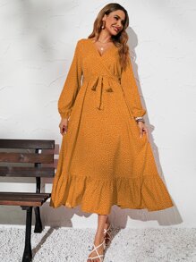 SHEIN LUNE 波卡圓點燈籠袖A字連衣裙 - 芥末黃 - 查看 6