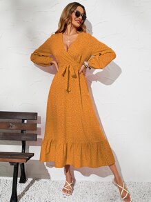 SHEIN LUNE 波卡圓點燈籠袖A字連衣裙 - 芥末黃 - 查看 7