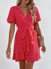 SHEIN Unity Vestido con cinturón de cuello cruzado con estampado con diseño fruncido - Rojo - Ver 1
