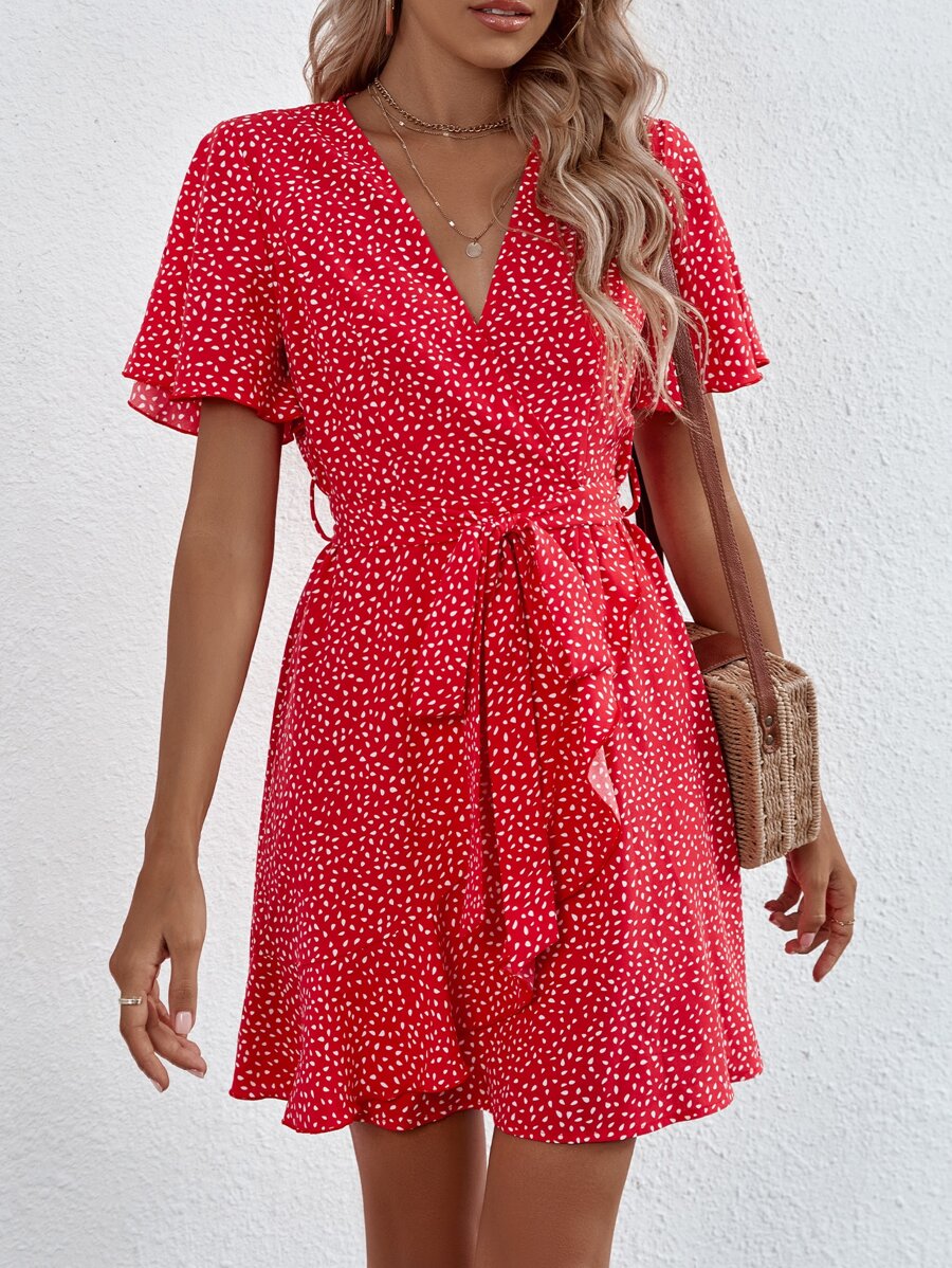 SHEIN Unity Vestido con cinturón de cuello cruzado con estampado con diseño fruncido - Rojo - Ver 1