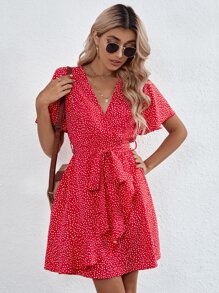 SHEIN Unity Vestido con cinturón de cuello cruzado con estampado con diseño fruncido - Rojo - Ver 4