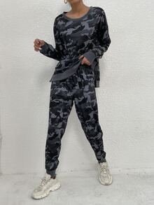 落肩迷彩套頭衫和運動褲套裝 - 彩色 - 查看 3