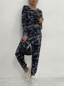 落肩迷彩套頭衫和運動褲套裝 - 彩色 - 查看 5