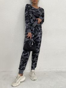 落肩迷彩套頭衫和運動褲套裝 - 彩色 - 查看 6